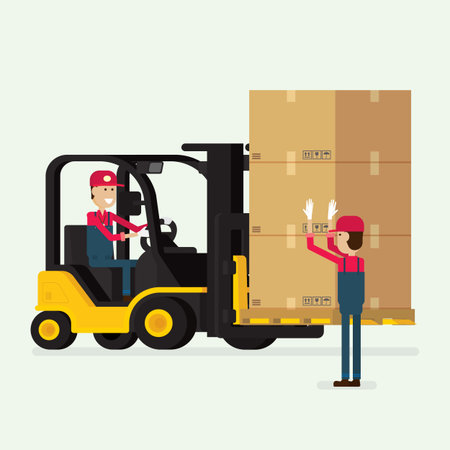 Forklift truck with human worker and Boxes, Courier Delivering Packages. illustration vectorのイラスト素材