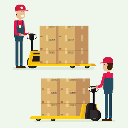Worker man towing hand fork lifter cargo box in warehouse. illustration vectorのイラスト素材
