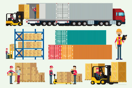 Logistic warehouse with storage workers truck and forklift cargo box illustration vectorのイラスト素材