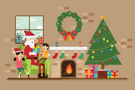 Santa is sitting with a child in the Christmas day in fireplace room vector.のイラスト素材