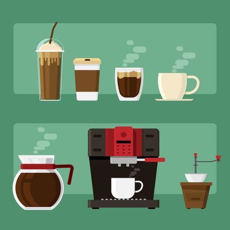 Coffee icons and coffee machine and cup drink elements on background. Vector illustration.のイラスト素材