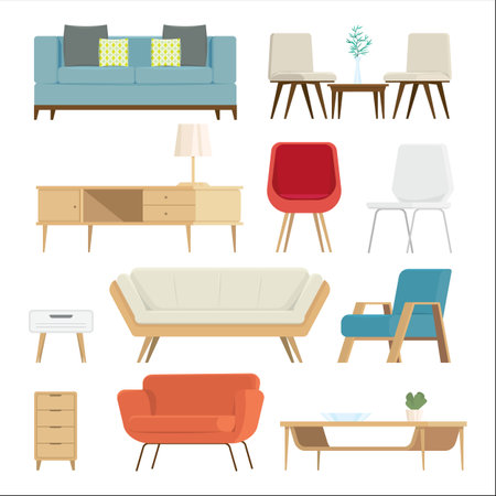 Set of furniture Interior and home accessories. Sofas with pillows, lamps isolated background. vector illustration のイラスト素材