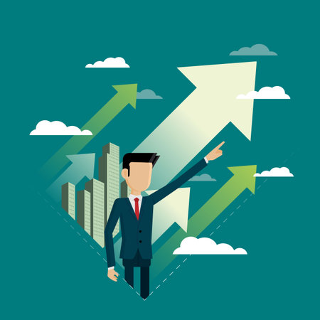 Businessman hand pointing up and background city in arrows for opportunities business.のイラスト素材