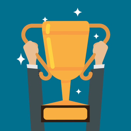 Businessman two hand holding gold cup award for successful. vector illustrationのイラスト素材