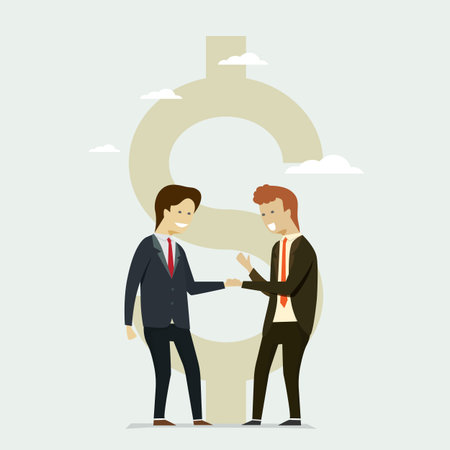 Business people shaking hands partners wiht Flat dollar icon background. Vector illustration cartoon character.のイラスト素材