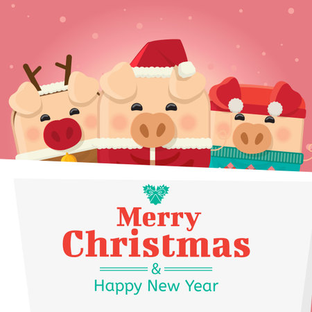 Piggy three with big signboard, Merry Christmas and happy new year, holiday greeting. pig cartoon character のイラスト素材
