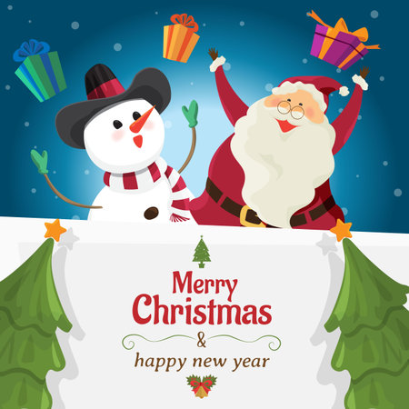 Santa claus and snowman with big signboard, Merry Christmas and happy new year, holiday greeting. cartoon character のイラスト素材