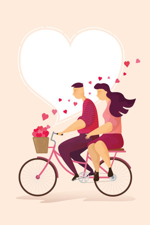 Happy couple lovely is riding a bicycle in Valentine's day festival and heart pink background. Vector illustrationのイラスト素材