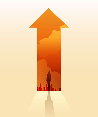 Silhouettes of businesswoman stand in arrow go path to goal or target, symbol of growth concept Vector illustrationのイラスト素材