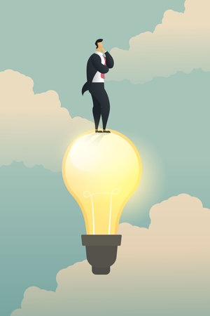 Creativity thinking businessman solution stand on light bulb. illustration vectorのイラスト素材