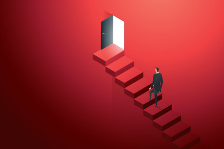 Business person climbing on concrete ledder at door black on wall red up path ladder to goal success. illustration Vectorのイラスト素材