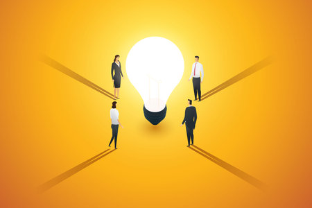 A group of business people stand look and a brainstorm, inspiration, idea creativity thinking around light bulb. illustration vector のイラスト素材