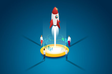 Startup business group people launching a rocket and idea through planning and strategy. Flat 3d isometric concept. illustration Vectorのイラスト素材