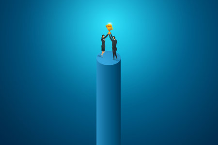 Business people women and man hold big trophy competition achievement. isometric concept vector illustrationのイラスト素材