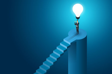Businessman standing under lightbulb creative concept solution and vision, ambition succes. Flat isometric illustration vectorのイラスト素材