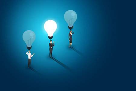 Businesspeople group standing under lightbulb but one person creative concept solution and succes. Flat isometric illustration vectorのイラスト素材