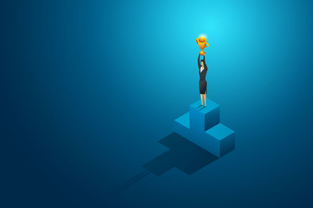 Businesswomen winner holding trophy on podium. leadership and success.isometric concept illustration vectorのイラスト素材