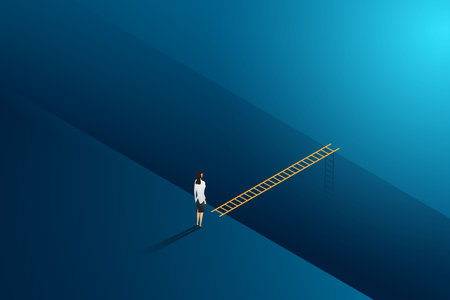 Business challenge businesswoman standing thinking looks at ladder cross to goal success. illustration Vectorのイラスト素材