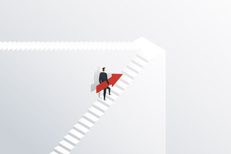 Businessman holding an arrow up the stairs to target goal and success. Business concept illustration Vectorのイラスト素材