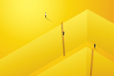 Businessman start climbing stair for successful career achievement in the wall darke yellow, Personal development. illustration Vectorのイラスト素材