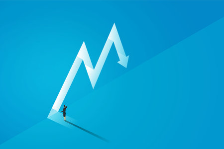 Businesswoman walking go to front of bright big shining door in the wall darke blue of the hole falling graph arrow. illustration Vectorのイラスト素材