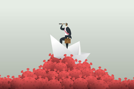 Businessman in boat looking through telescope on forward Overcome corona virus crisis-Business leadership concept Pandemic business strategy, vision, success. illustration Vectorのイラスト素材
