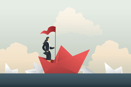Leader businesswoman success passing the competition in crisis. woman stand in boat paper in sea, Symbol of motivation and challenge .illustration vector.のイラスト素材