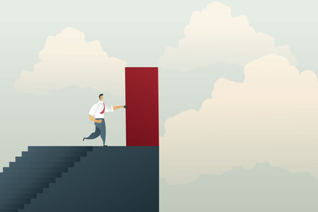 Businessman about to open red door reaching top of stairway opportunity of a way to career development or business decision for new challenge. illustration Vectorのイラスト素材