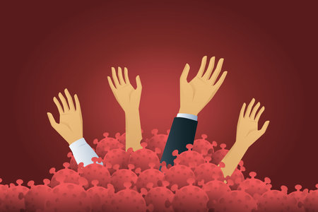 Businessman try raise hand need help drowning in economic Crisis form CCOVID-19 Coronavirus and survive outbreak virus. illustration Vectorのイラスト素材