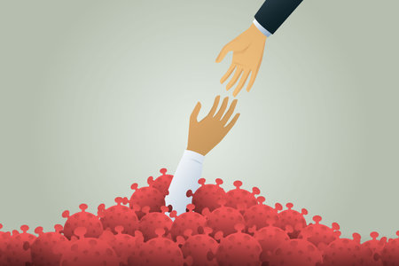 Help businessman to survive a drop in economic Crisis form CCOVID-19 Coronavirus and survive outbreak virus to Overcome Crisis Situation. illustration Vectorのイラスト素材