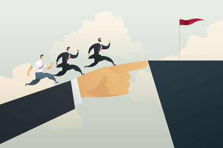 Businessman hand points to a flag placed on the top of a cliff, ready for businessmen to run up to the goal. Vector illustrationのイラスト素材