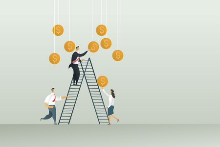 Business people group reap profits by businessman holding a coin sstanding on ladder a successful business. Vector Illustrationのイラスト素材