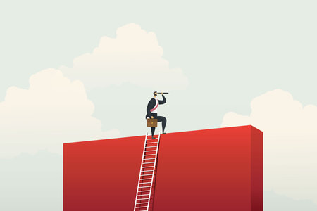 Businessman climbing ladder for vision opportunities and achievement over the wall. Business concept illustration vectorのイラスト素材