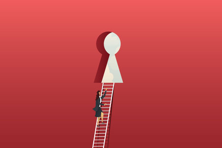 Businesswoman climbing ladder on red big wall to keyhole, to business opportunity, challenge, strategy and success.Illustration vectorのイラスト素材
