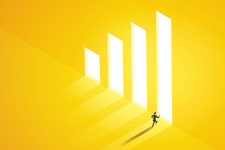 Businesswoman trader chooses to run to the door of the bright graph; making high profits. achieve the goal and business growth. Vector Illustration.のイラスト素材