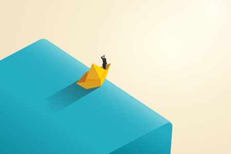 Business crisis situation Run out of ways and time to solve problems.
Businessman on paper boat is about to fall from waterfall. Economic and financial crisis. Vector illustration isometric.のイラスト素材