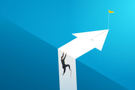 Businessman climbing a cliff to reach his goal business obstacles challenge growth career. Vector Illustration.のイラスト素材