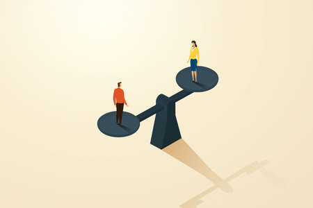 Gender equality businessman and businesswoman standing on a weighing plate. work or in business career paths. Vector illustration.のイラスト素材