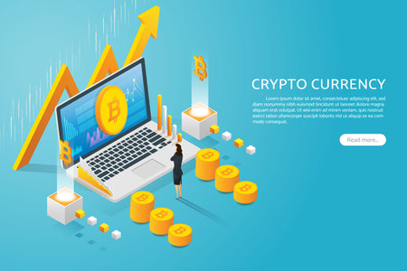 Businesswoman looking at bitcoin currency on laptop screen Cryptocurrency  rising graph and arrow is growing. Price of coin is rising investment. isometric vector illustration.のイラスト素材