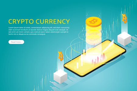 Trade Bitcoin via smart phone with investment  Online Cryptocurrency Blockchain. Financial Investment Cryptocurrency exchange for application and mobile. isometric vector illustration.のイラスト素材