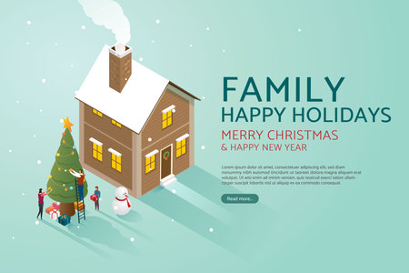 Happy family decorate Christmas tree and prepare gift boxes together at house. Merry christmas and happy new year. for web banner. isometric vector illustration.のイラスト素材