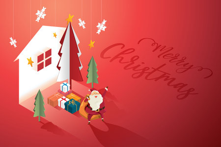 Santa Claus Grandfather with a pile of gifts on a christmas tree and house lighted sign background. Merry christmas and  happy new year. isometric vector illustrations.のイラスト素材