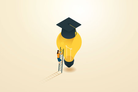 Businesswoman climbing a ladder on a bright lightbulb and graduation cap. Show creative ideas Education helps build business ideas. Career growth skills. isometric vector illustration.のイラスト素材