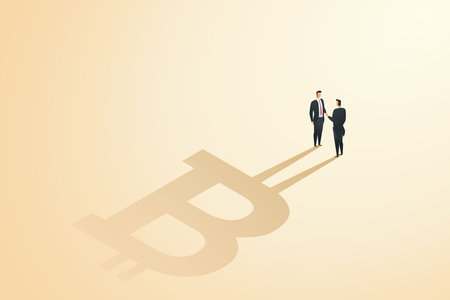 Businessmen shaking hands agree bitcoin exchange currency exchange cryptocurrency innovation, blockchain, fintech, technology finance. isometric vector illustration.のイラスト素材
