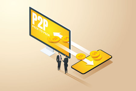 Businessmen direclty exchange digital money. P2P, peer to peer, between via computers and smart phone. Crypto currency exchange bitcoin, financial technology. isometric vector illustration.のイラスト素材