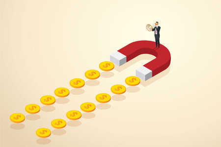 Businessman marketing on big magnets that attracts a lot of money. Concept of income and profit from marketing. isometric vector illustration.のイラスト素材