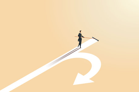 Businessman walks on a path that turns backwards but businessman creates a new arrow path with a roller. Creating new business opportunities. isometric vector illustration.のイラスト素材