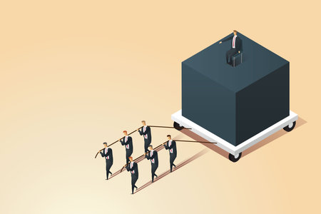 Boss sits and orders a group of subordinates employee to drag the heavy workload forward. isometric vector illustration.のイラスト素材