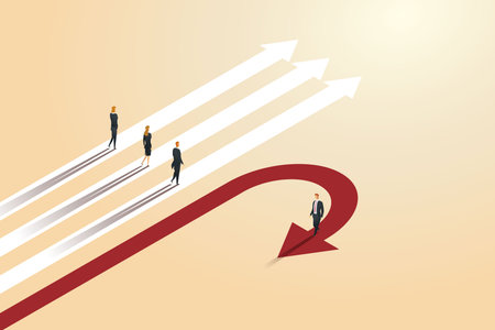 While other entrepreneurs walk on arrows, a businessman redirects in the opposite way. Different business routes and the idea of redirection.  isometric vector illustration.のイラスト素材
