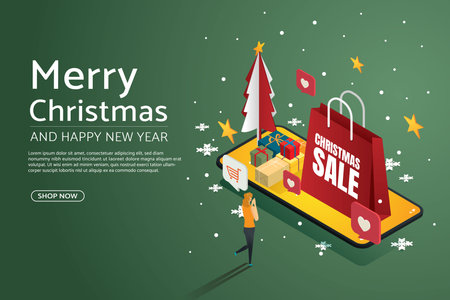 Woman happy shopping online paper bag gift box on smartphone, Merry christmas and happy new year on web banners. isometric vector illustrations.のイラスト素材